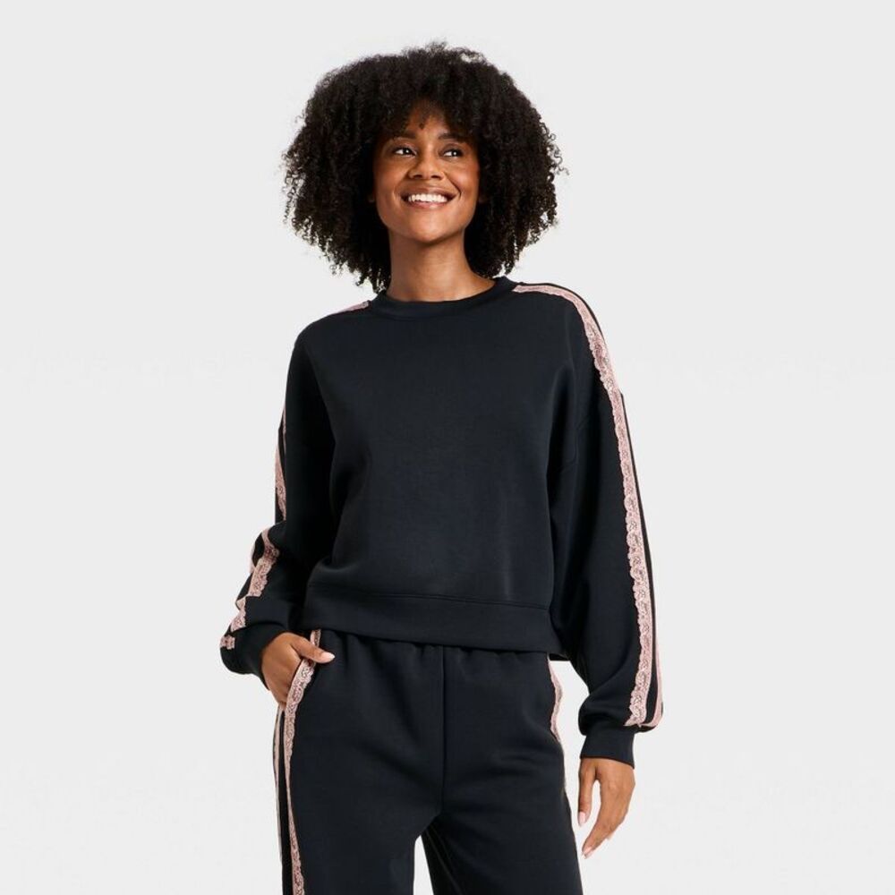 Women's Airy Sleek Lace Trim Crewneck Sweatshirt - All In Motion Black XS